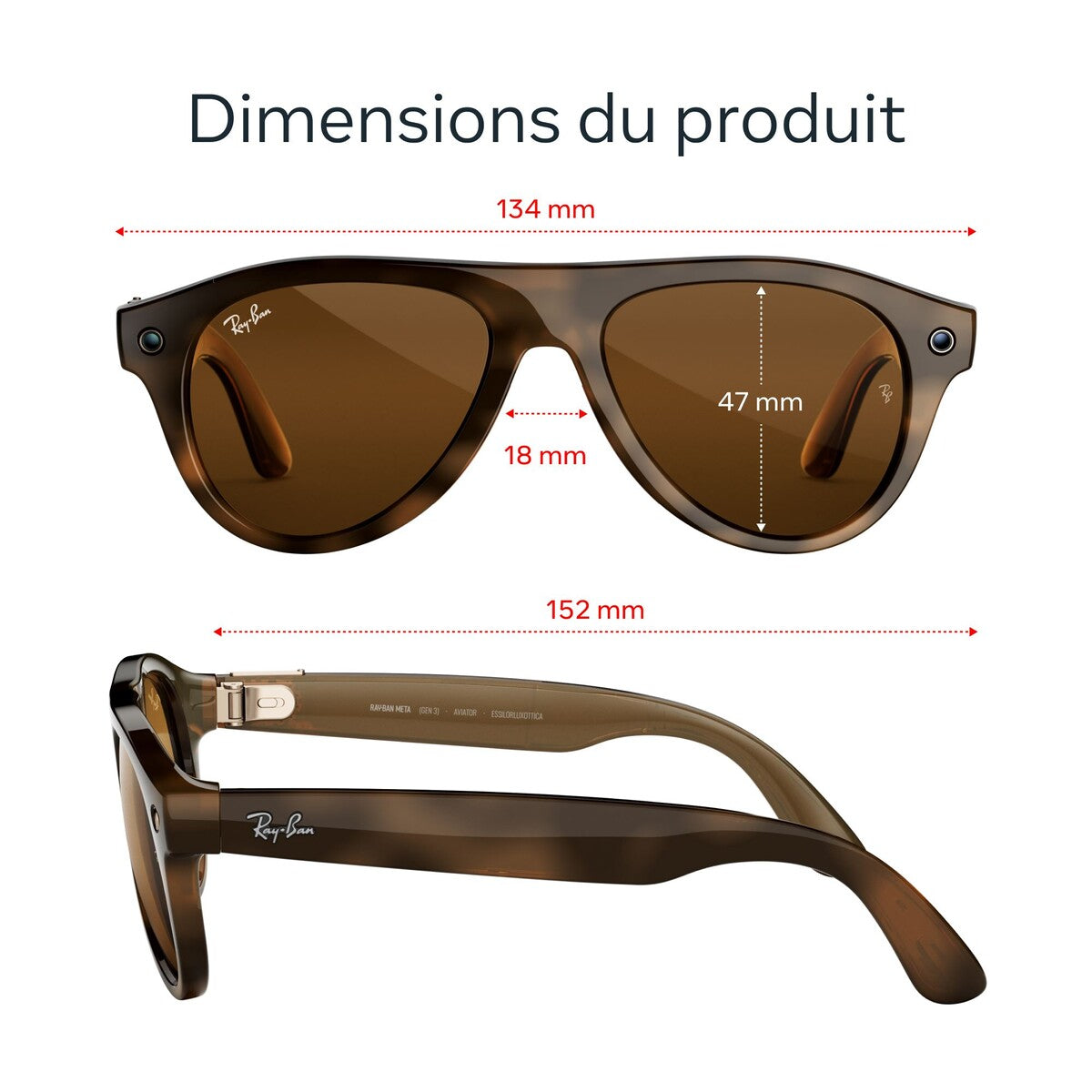 Lunettes connectées IA Meta Ray-Ban (Gen 3) Aviator Havana Verres marron