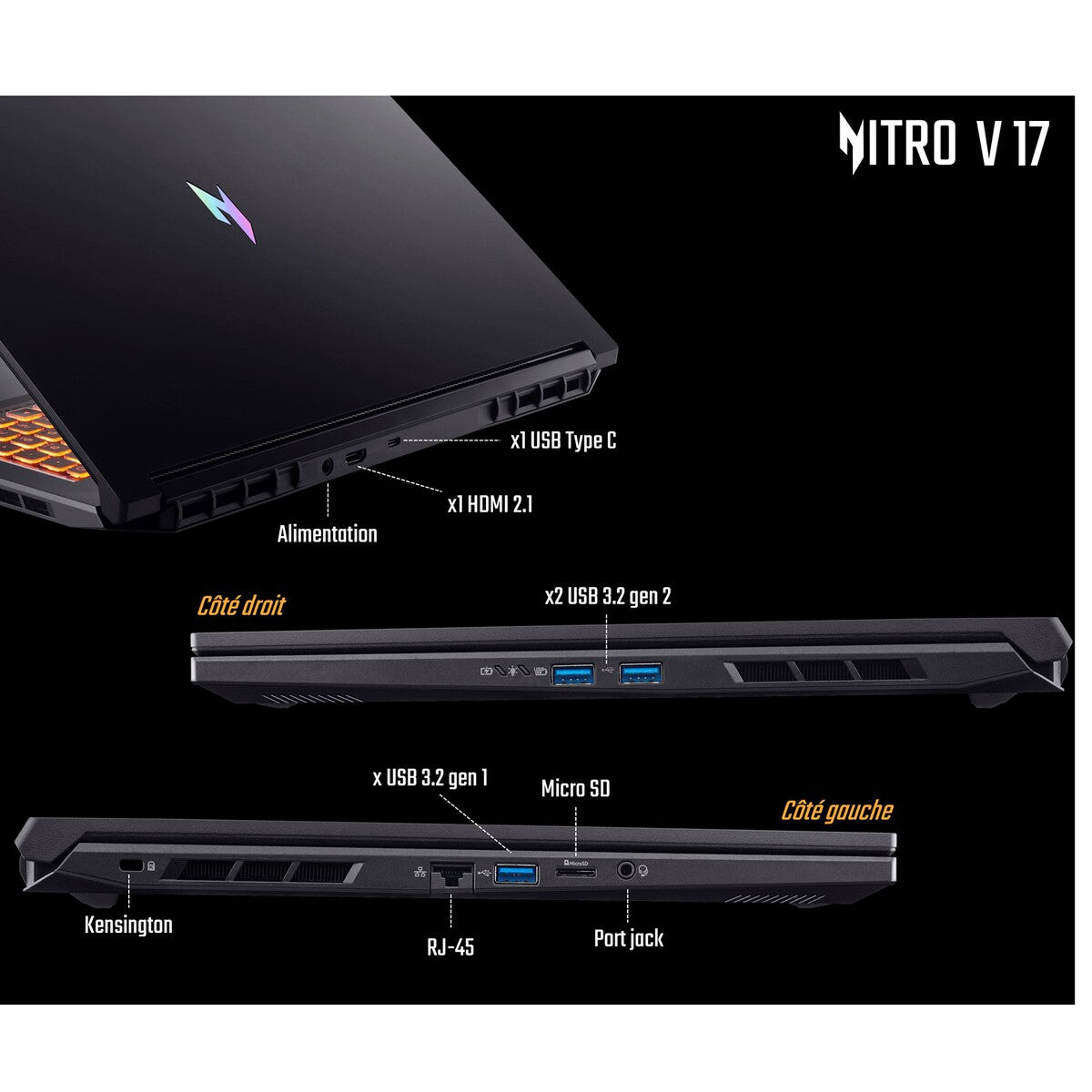 PC portable Acer gaming Nitro V 17 AI ANV17-41-R76N 17,3" LCD 144 Hz AMD Ryzen™ 7 16 Go RAM 1 To SSD Nvidia GeForce RTX 5070 Noir