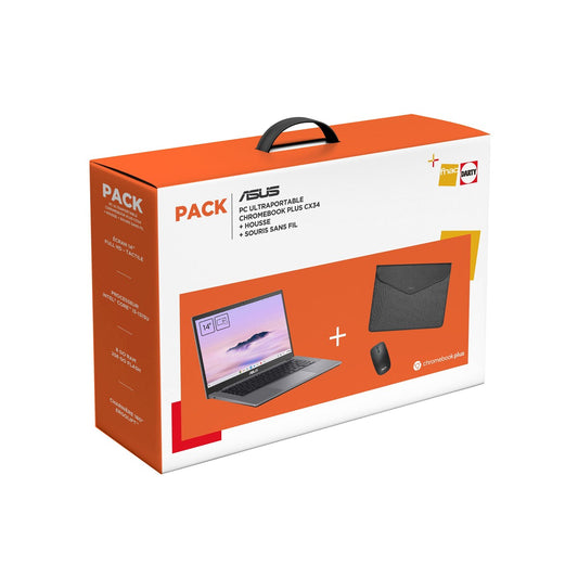 PC portable Asus Pack Chromebook CX3402CVA-MW1245 14" Ecran tactile Intel® Core™ 3 8 Go RAM 256 Go eMMC Gris + Housse + Souris sans fil