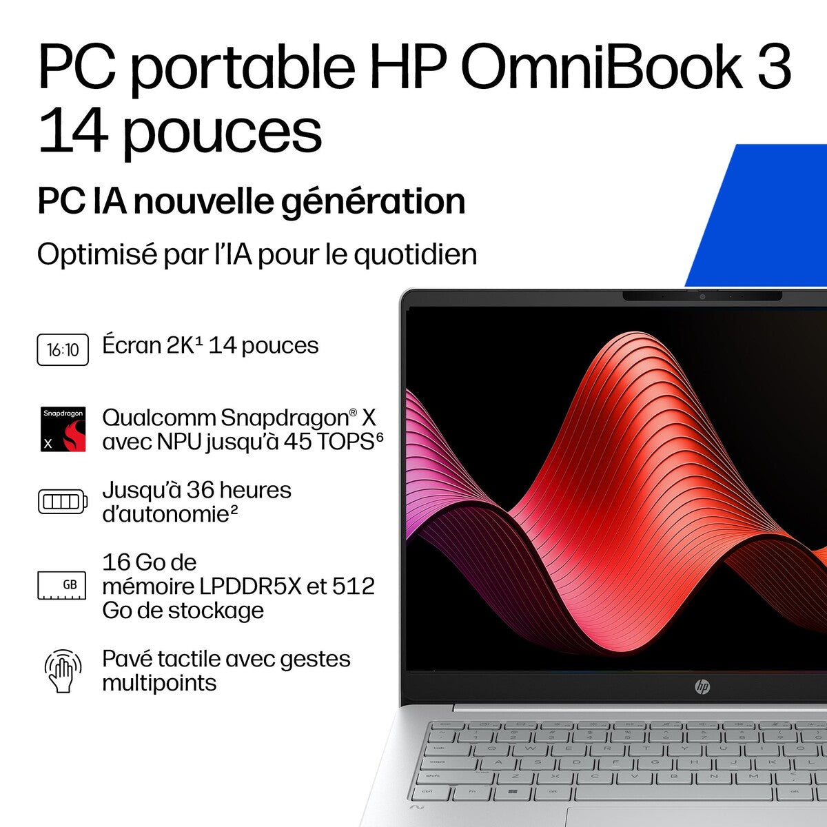 PC portable Hp OmniBook 3 Next Gen AI 14-hz0021nf 14” Snapdragon® X 16 Go RAM 512 Go SSD Argent glacier