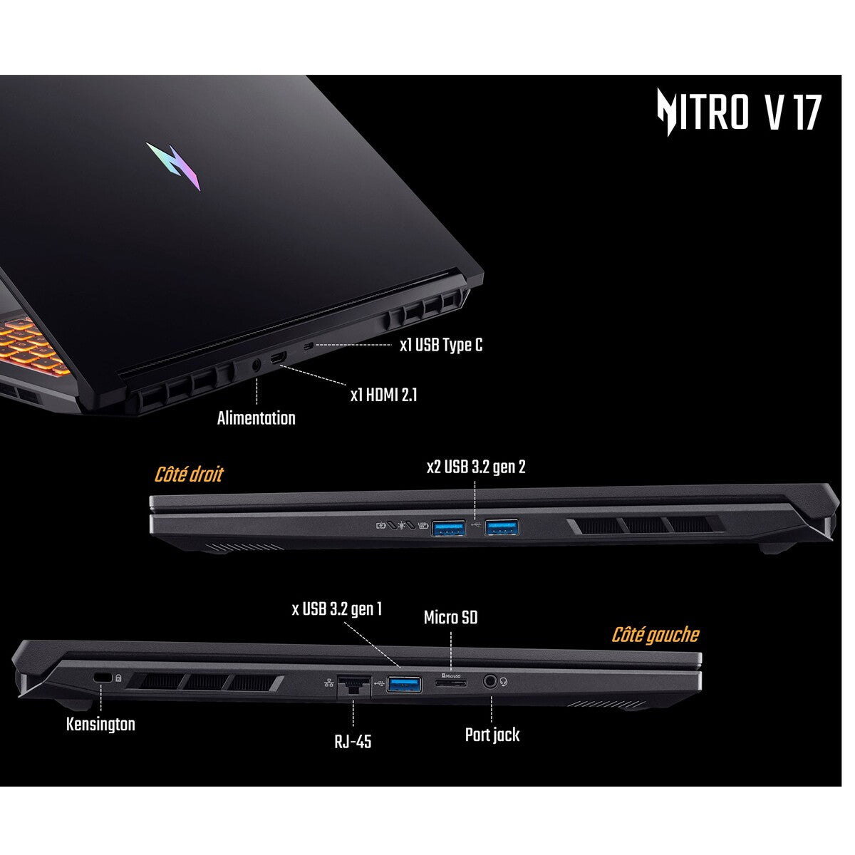 PC portable Acer Gaming Nitro ANV17-41-R591 17,3'' Full HD 144 Hz AMD Ryzen™ 5 16 Go RAM 512 Go SSD Nvidia® GeForce RTX™ 5050 Noir